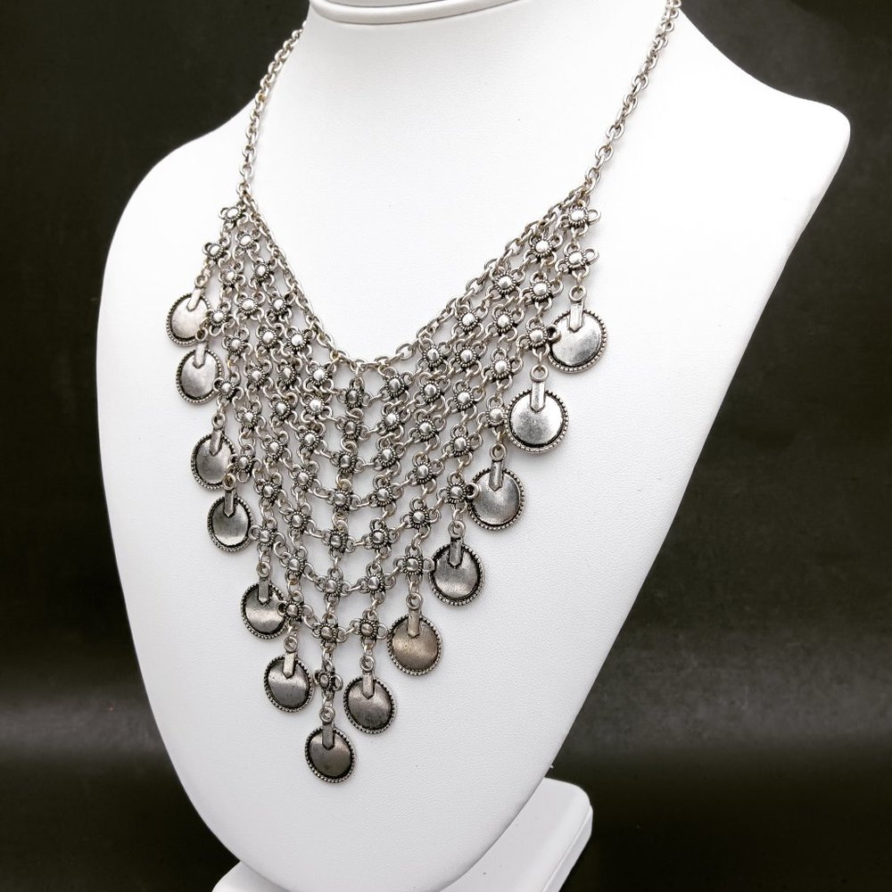 Boho Coin Necklace Gypsy Bib Silver Tone Chain Mail
